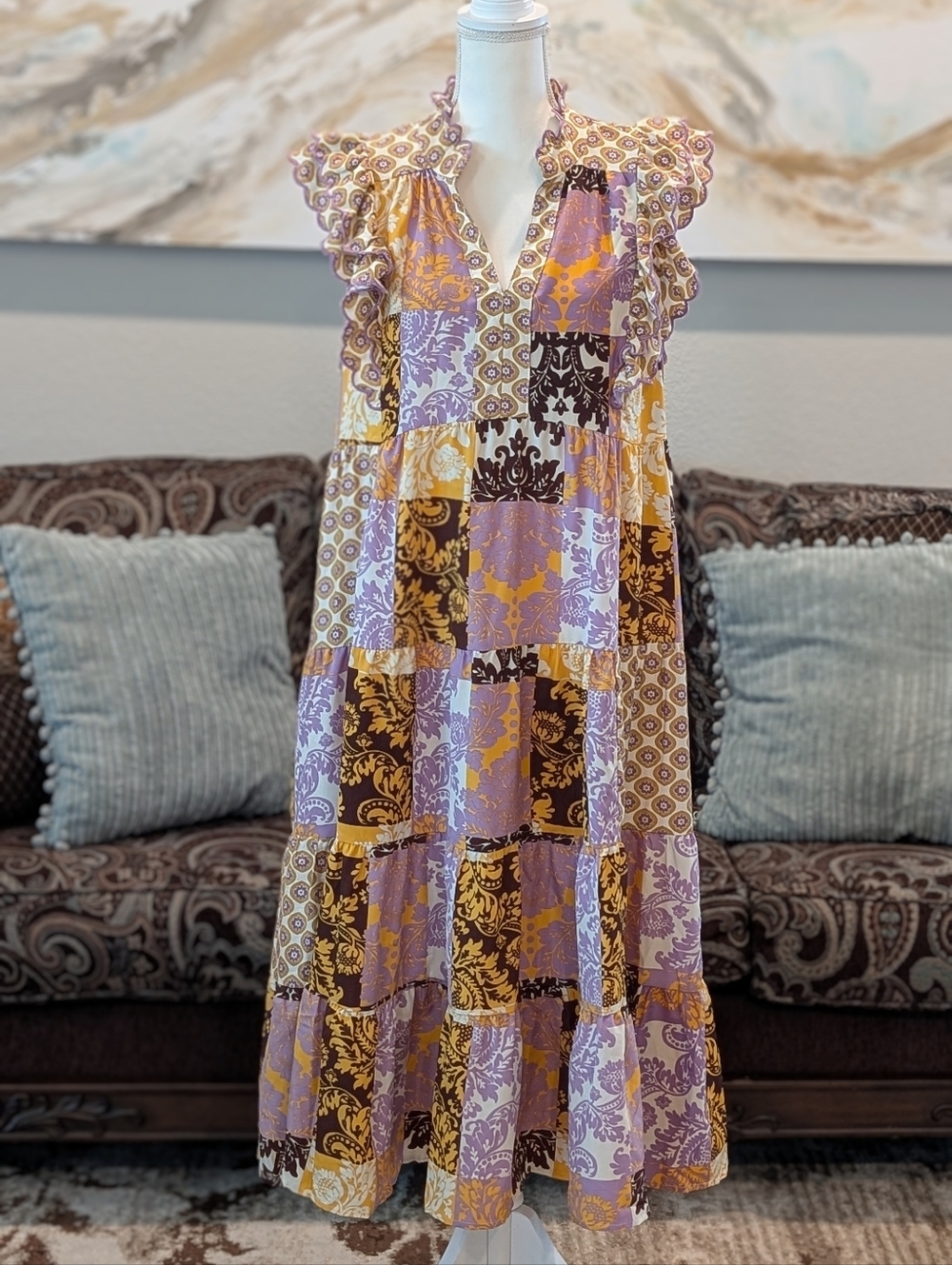 Umgee -Patchwork Floral Patchwork Dress in Lavender, Mustard & Brown